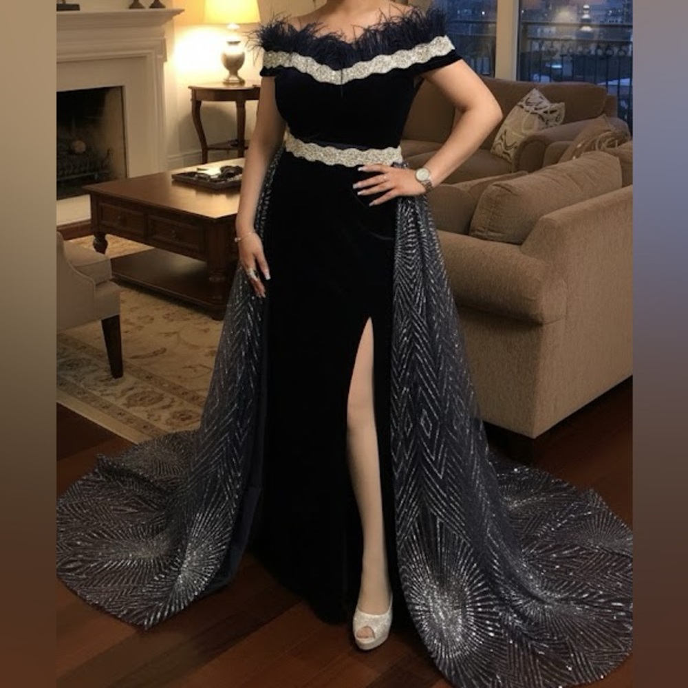 Luxurious navy blue velvet gown with feathers